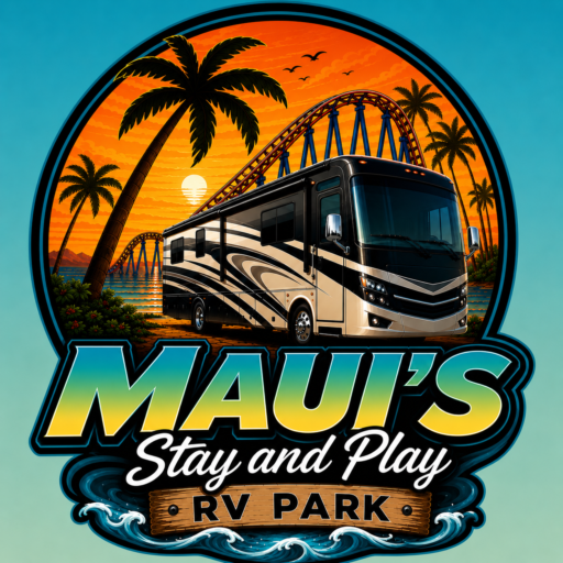 An RV parked by palm trees and a roller coaster at sunset with text reading “Maui’s Stay and Play RV Park.”.