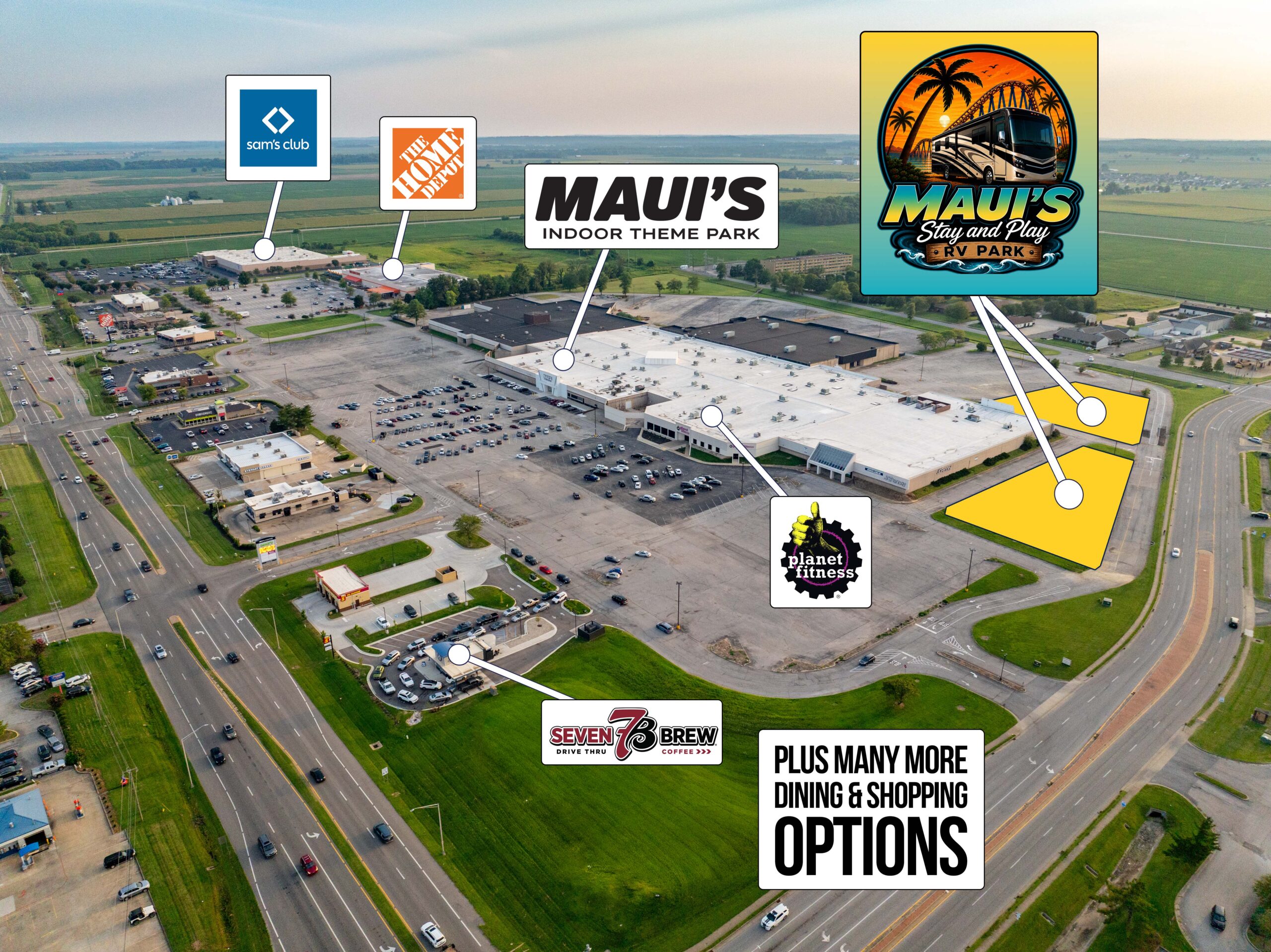 Aerial view of a shopping center with store signs, parking lot, and nearby roads; businesses include Sam’s Club, Home Depot, Maui’s, Planet Fitness, and Seven Brew.
